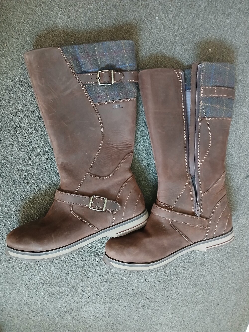 L.L.Bean Women’s Brown Leather Mid-Calf Boots with Plaid Cuff Size 7.5 M